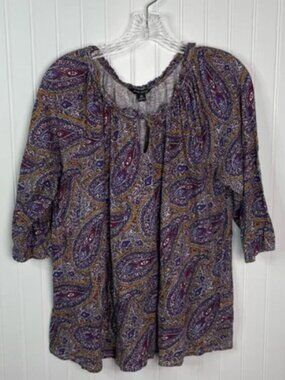 Lucky Brand Boho Paisley Peasant Top - Blue & Red Floral - 2X